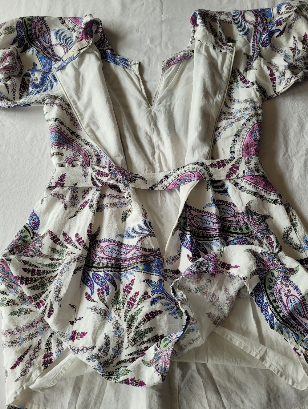 LOFT Women's  Paisley Linen Blend Puffed Sleeve Belted Dress Petite Size 12P - Picture 14 of 14